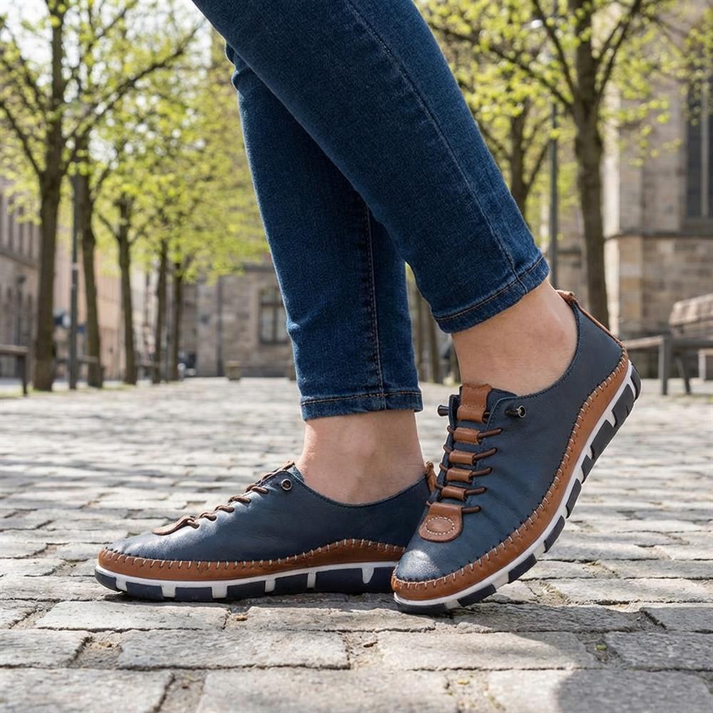 All Leather Lace Up Stitch Detail Shoes - GOKH43006 / 329 151 - Navy Tan - Image 2