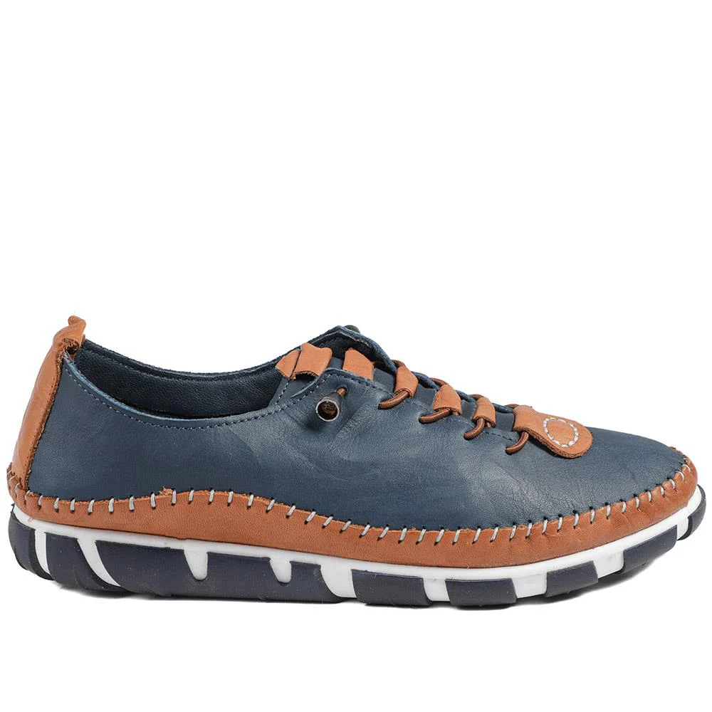 All Leather Lace Up Stitch Detail Shoes - GOKH43006 / 329 151 - Navy Tan - Image 3