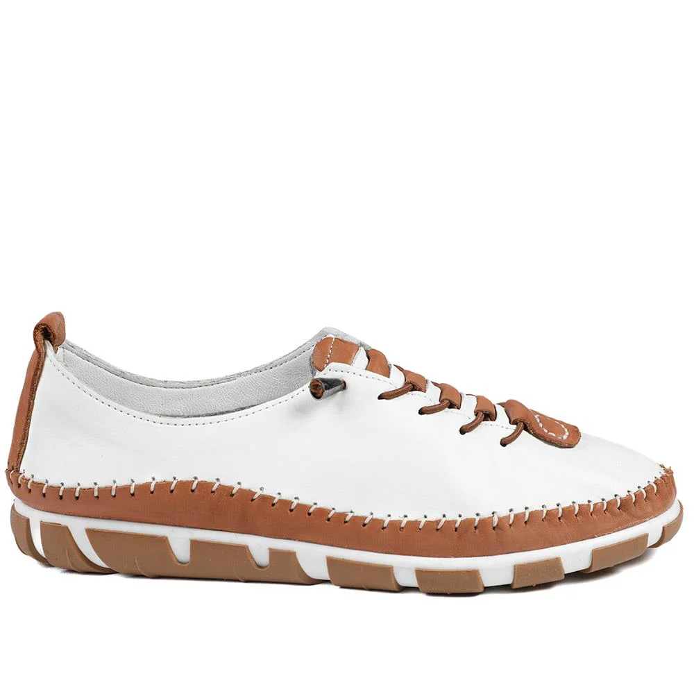 All Leather Lace Up Stitch Detail Shoes - GOKH43006 / 329 151 - White-Tan - Image 3