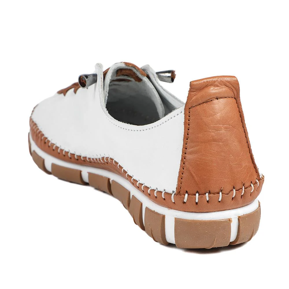 All Leather Lace Up Stitch Detail Shoes - GOKH43006 / 329 151 - White-Tan - Image 4