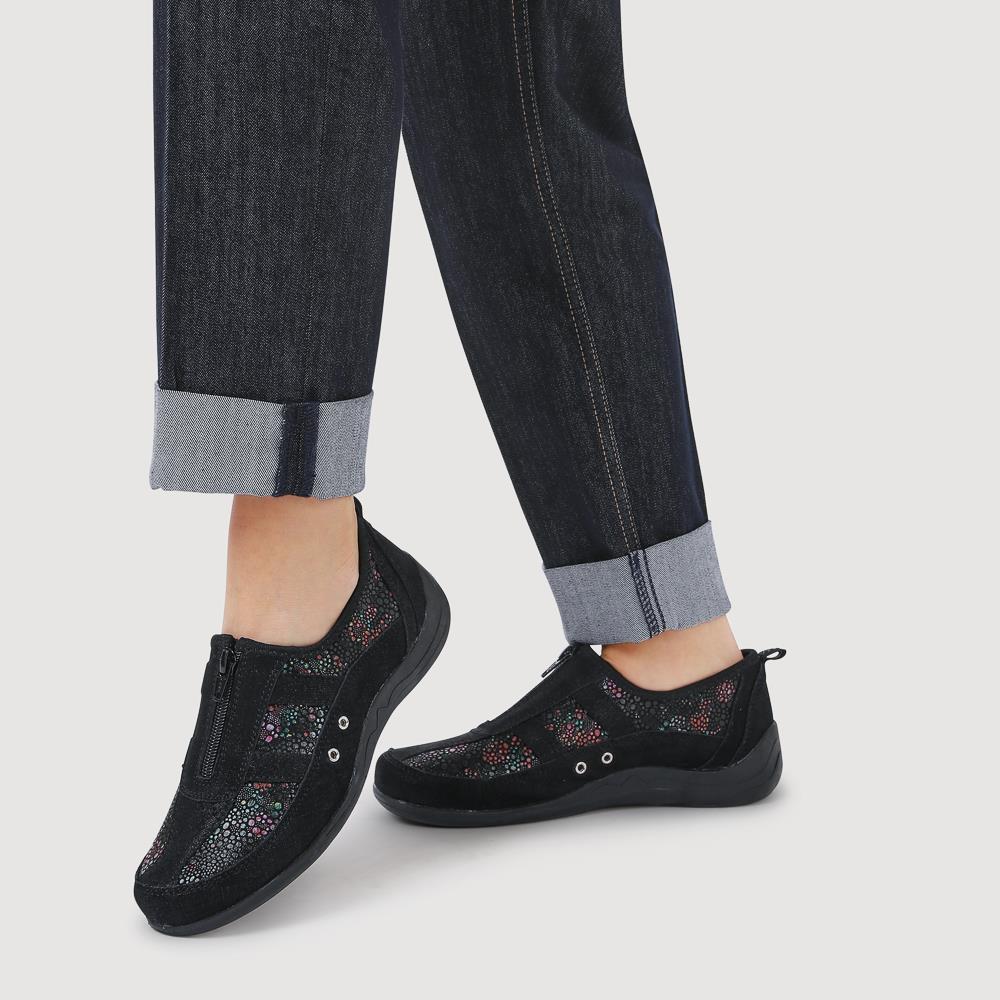 Wide Fit Leather Arch Support Trainers - BRK32001 / 318 638 - Black Floral - Image 10