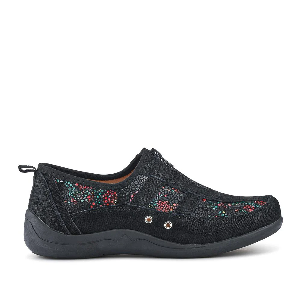 Wide Fit Leather Arch Support Trainers - BRK32001 / 318 638 - Black Floral - Image 3