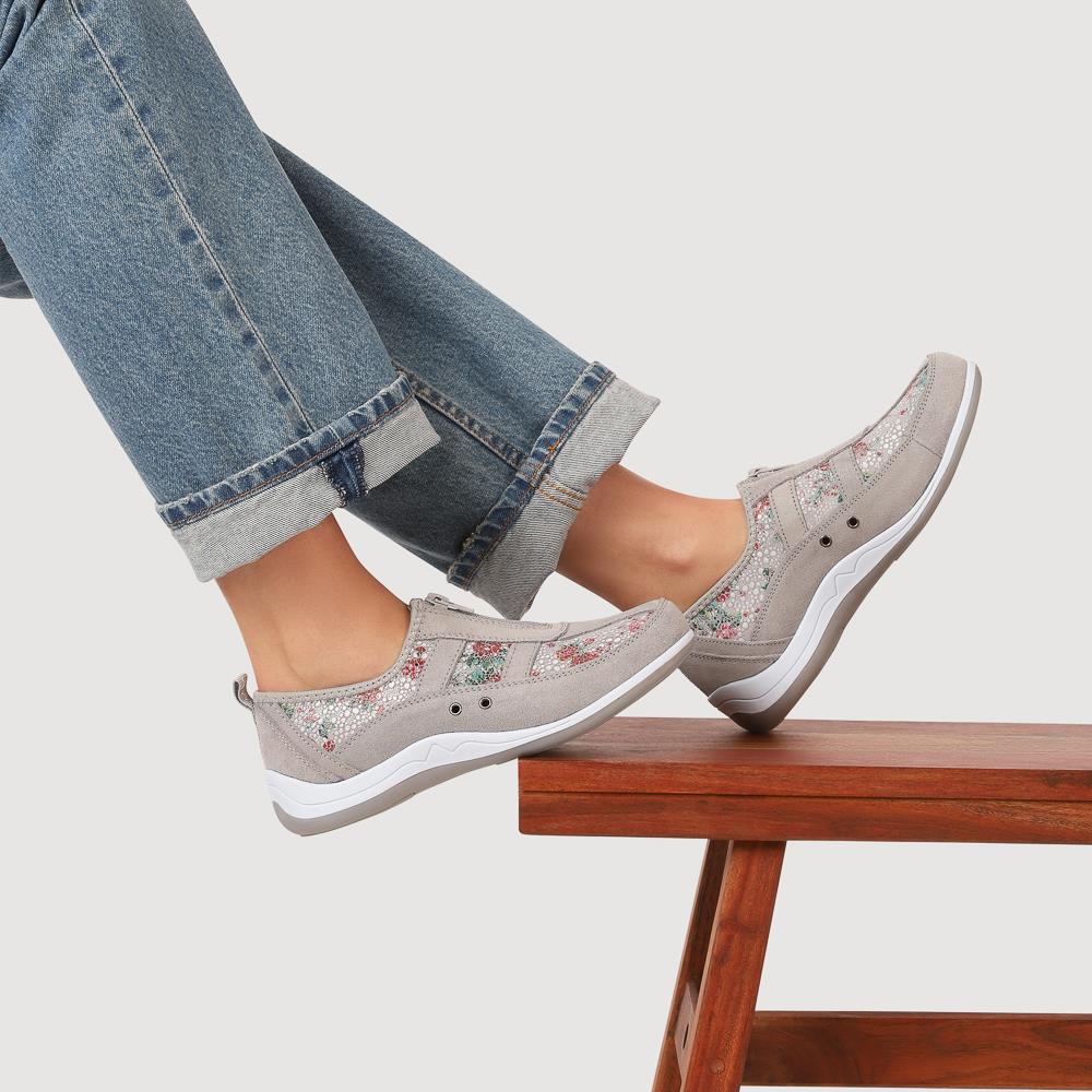 Wide Fit Leather Arch Support Trainers - BRK32001 / 318 638 - Grey Floral - Image 9