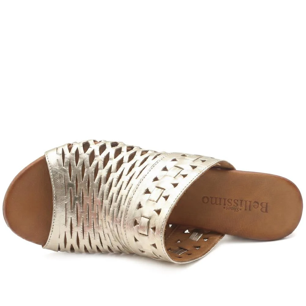 Bellissimo Leather Heeled Mule Sandals - BELMET43004 / 329 221 - Gold - Image 4