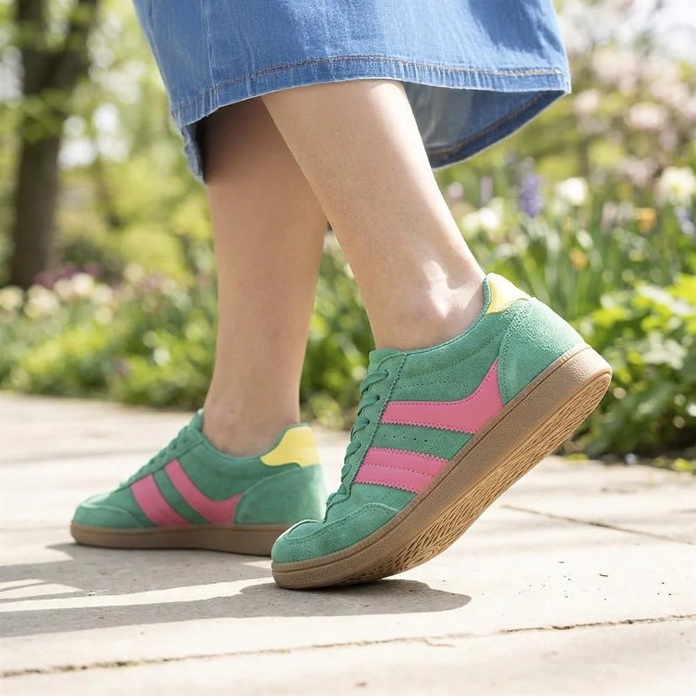 Bellissimo Leather Striped Lace Up Trainers - BELDINGX43005 / 329 348 - Green-Pink - Image 2