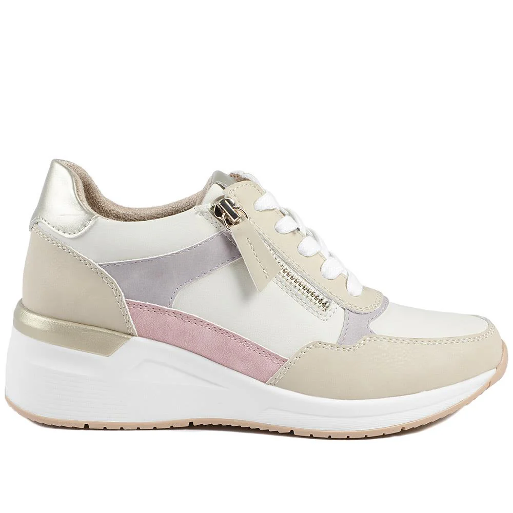 Bellissimo Zip & Lace Wedged Trainers - BELWBINS43032 / 328 934 - Beige Multi - Image 3