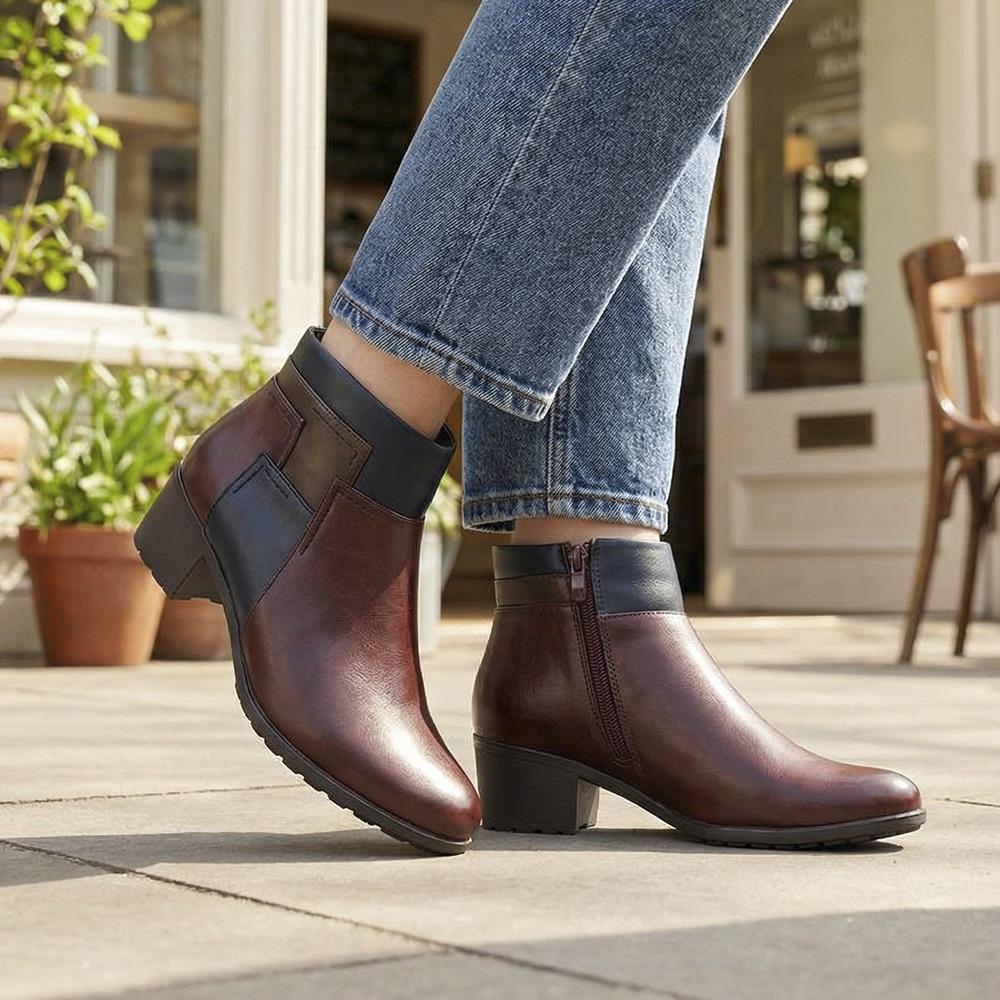 Block Heel Ankle Boots With Inside Zip - WK42005 / 327 940 - Burgundy Multi - Image 2