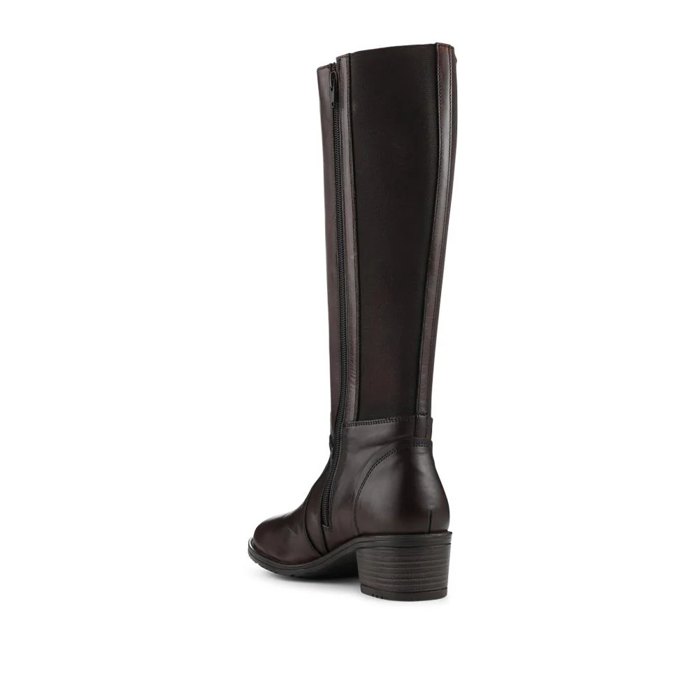 Block Heel Leather Stretch Calf Long Boots - RNB42011 / 327 941 - Dark Tan - Image 3