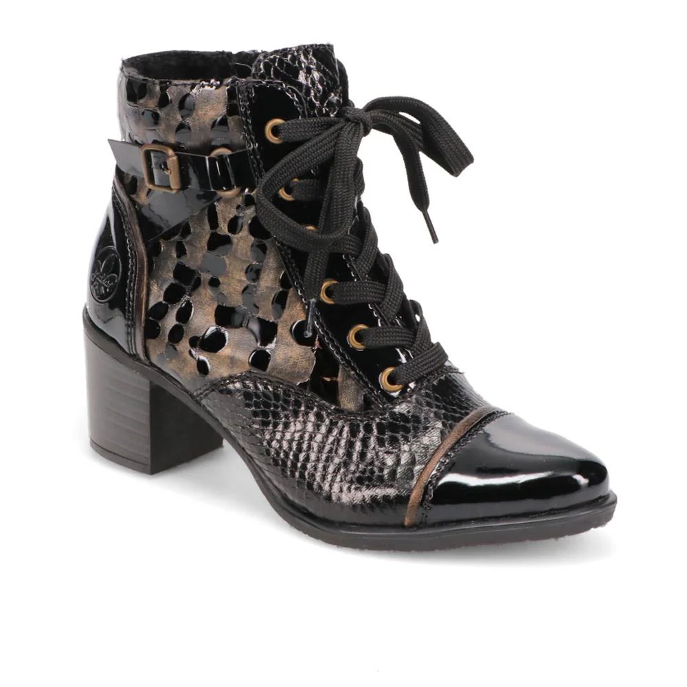 Block-Heeled Leather Ankle Boots - RKR40532 / 326 094 - Black Croc