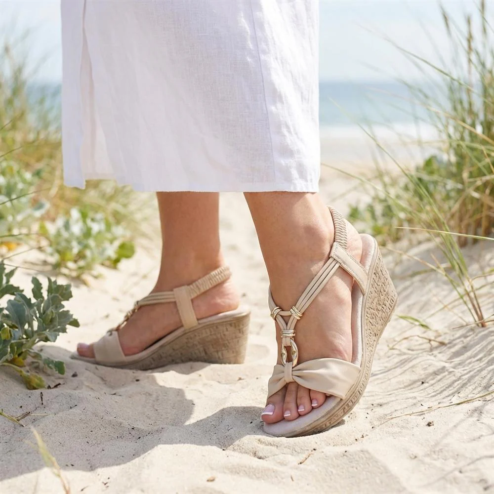 Bow Detail Wedge Slingback Sandals - BAIZH43045 / 329 116 - Beige - Image 2