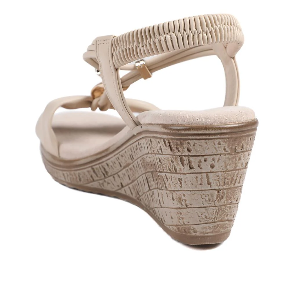 Bow Detail Wedge Slingback Sandals - BAIZH43045 / 329 116 - Beige - Image 4