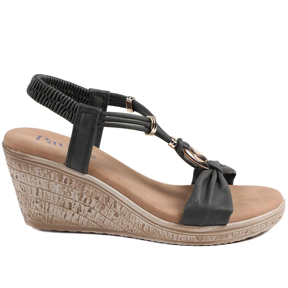 Bow Detail Wedge Slingback Sandals - BAIZH43045 / 329 116 - Black - Image 3