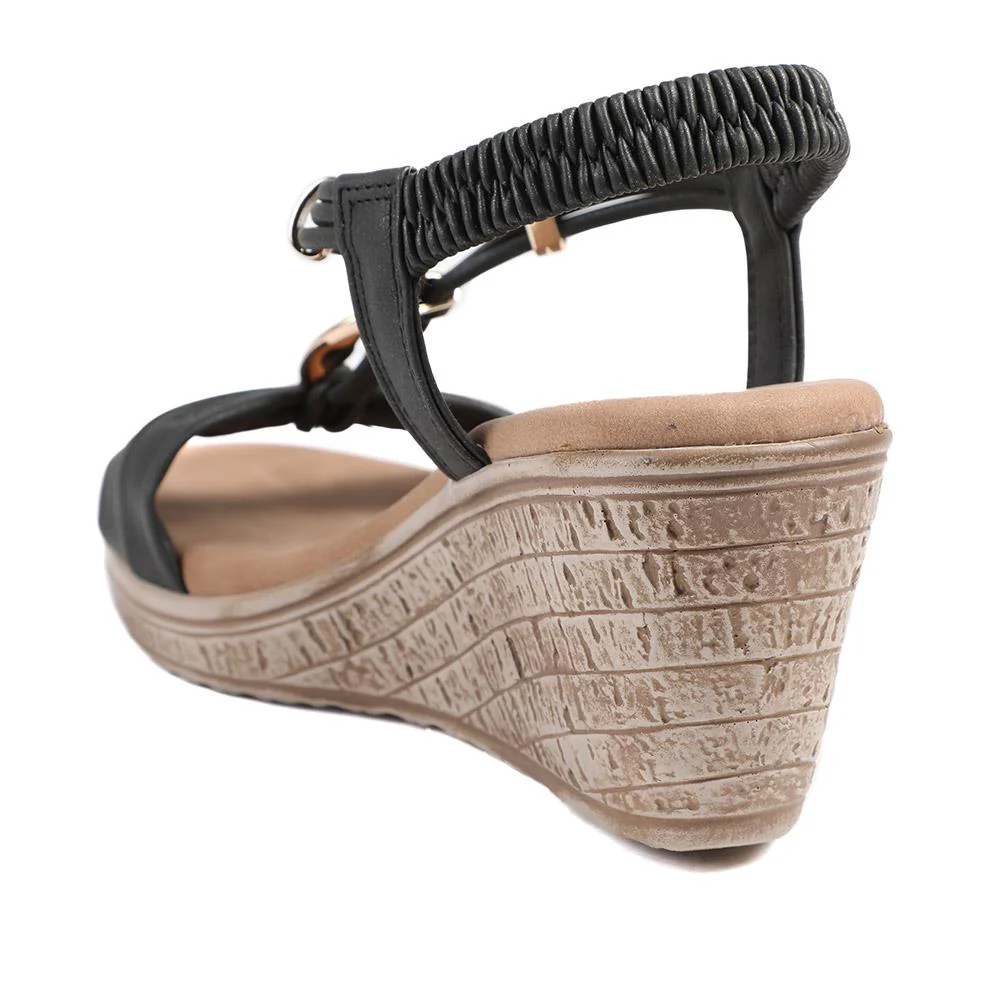 Bow Detail Wedge Slingback Sandals - BAIZH43045 / 329 116 - Black - Image 4