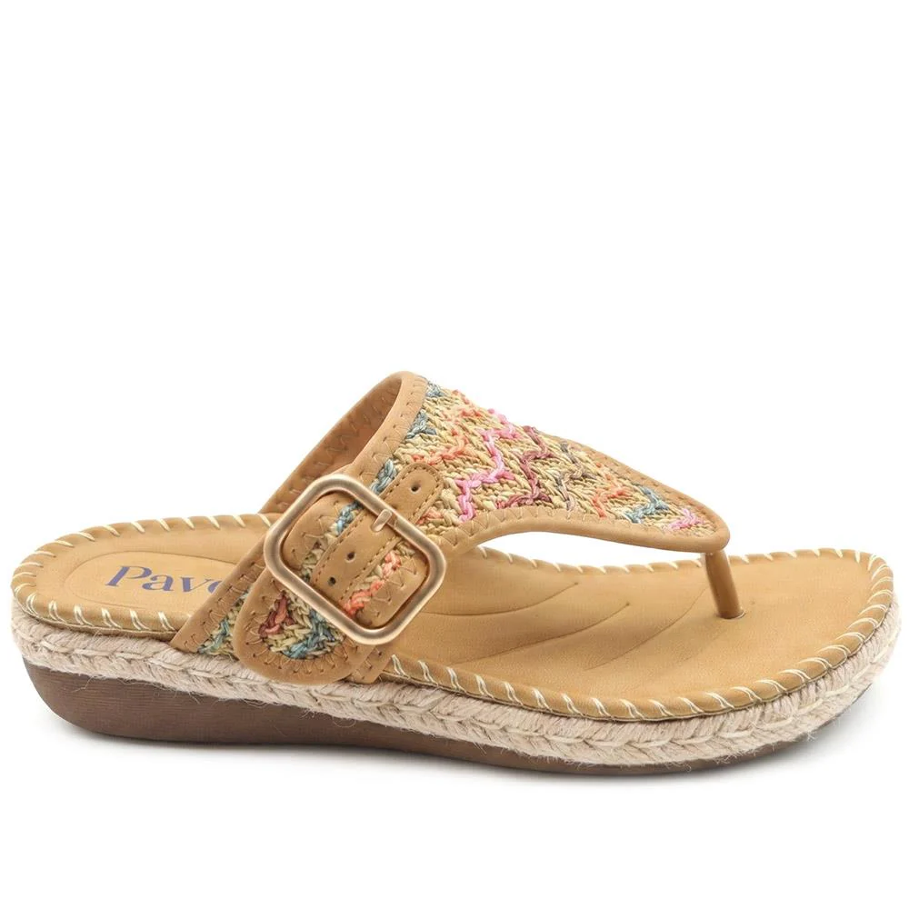 Buckle Detail Fabric Toe Post Sandals - BAIZH43033 / 328 985 - Tan Multi - Image 2