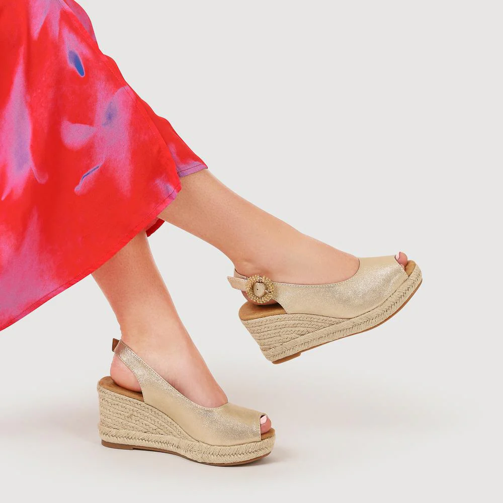Buckle Fastening Wedge Espadrilles - WBINS41057 / 327 257 - Gold - Image 5