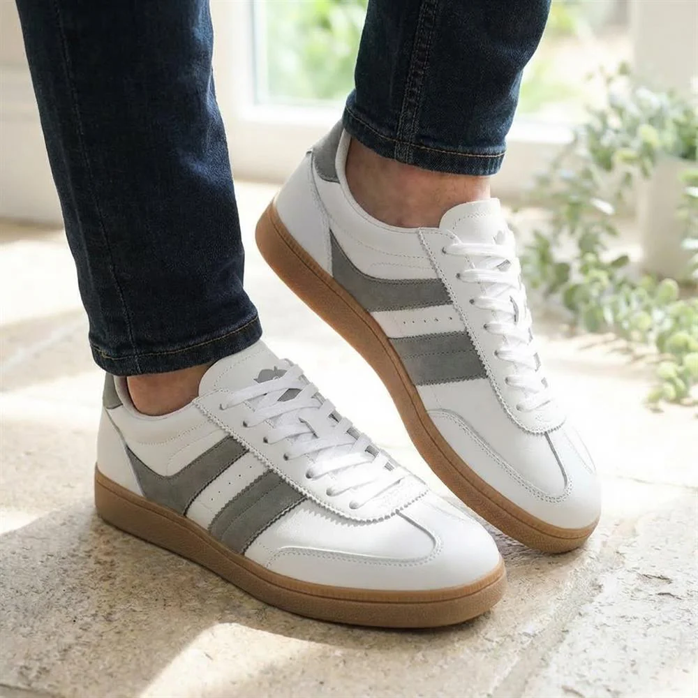 Casual Leather Lace Up Trainers - DINGX43002 / 329 045 - White-Grey - Image 2