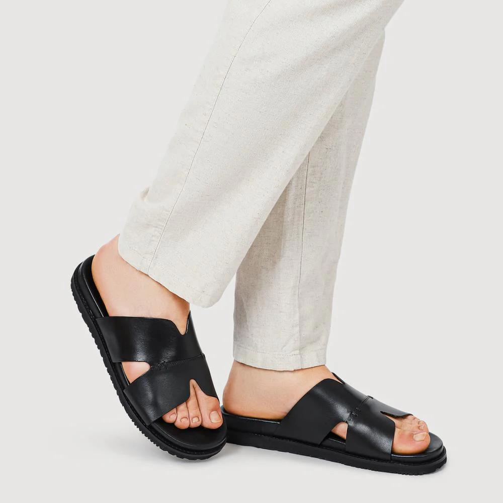 Casual Men's Leather Slide Sandals - JFOOT41010 / 327 468 - Black - Image 5