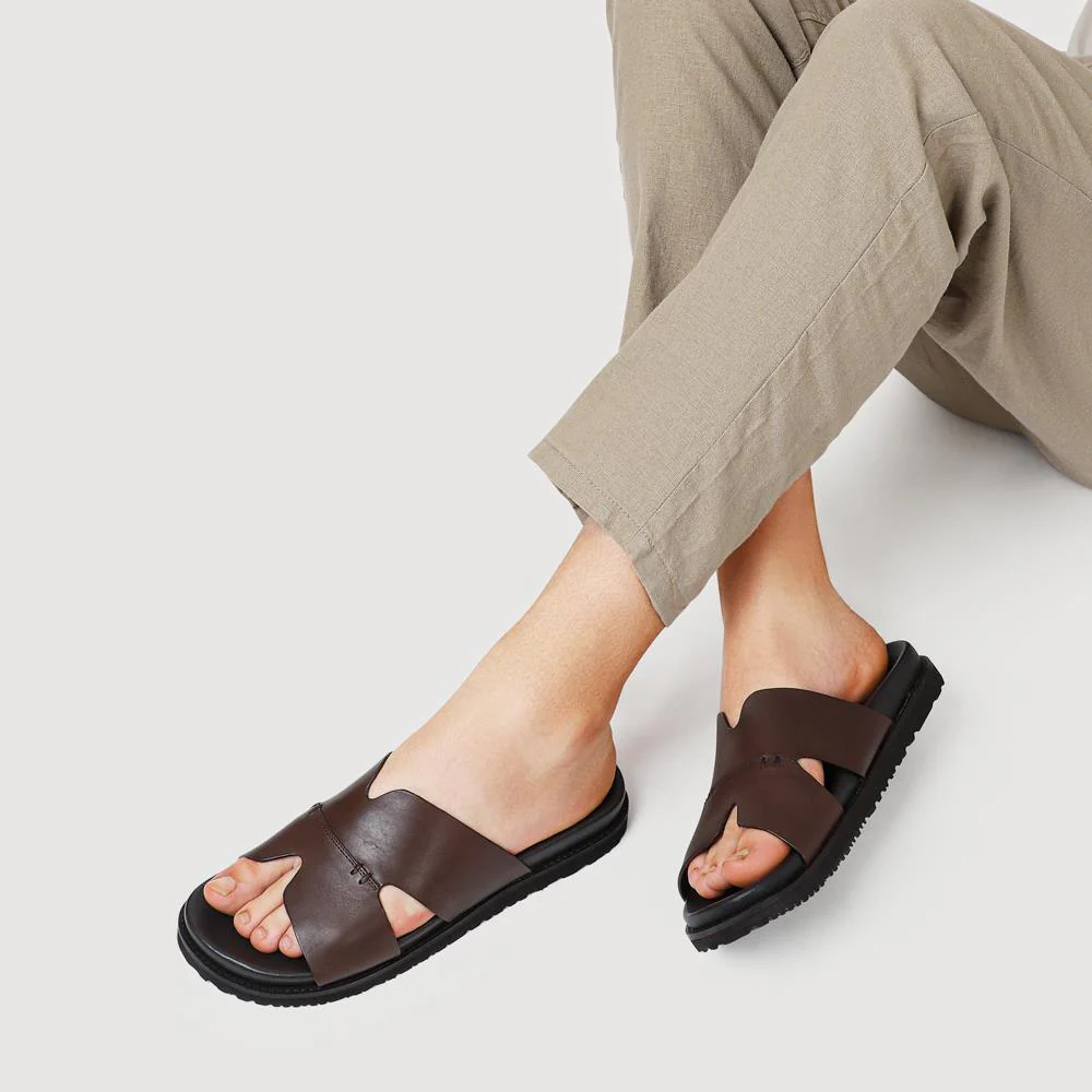 Casual Men's Leather Slide Sandals - JFOOT41010 / 327 468 - Brown - Image 5