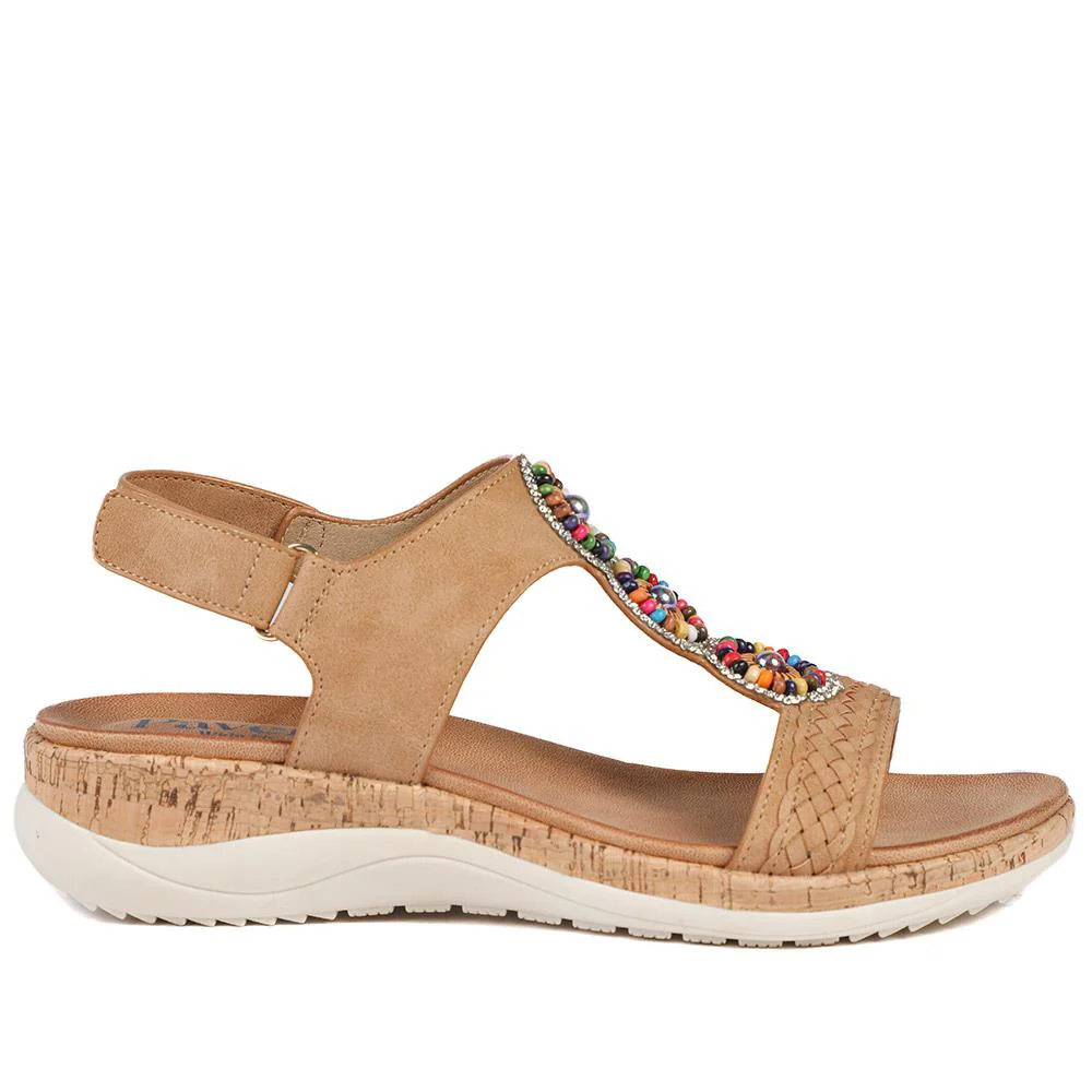 Comfort Beaded Wedge Sandals - BAIZH43022 / 329 012 - Tan - Image 2