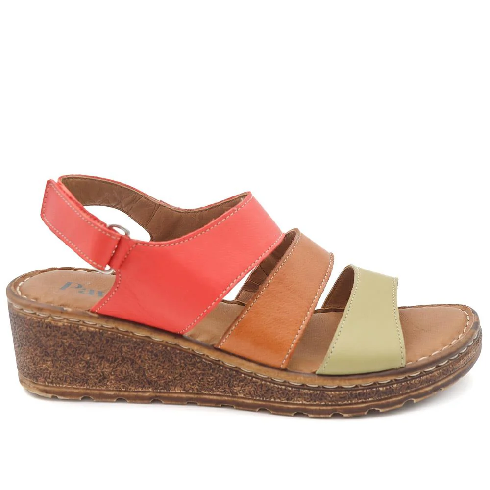 Cushioned Leather Wedge Heel Sandals - BOAY43000 / 329 206 - Red Multi - Image 3