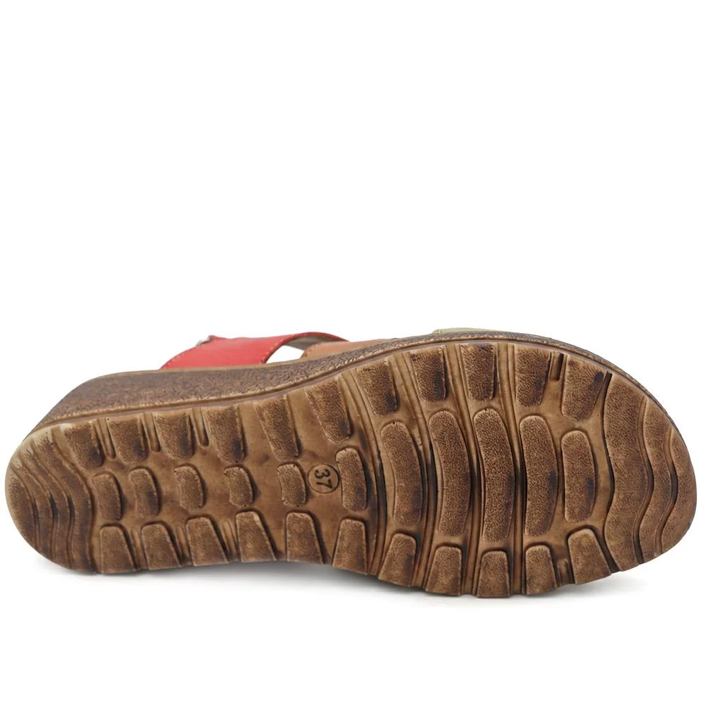 Cushioned Leather Wedge Heel Sandals - BOAY43000 / 329 206 - Red Multi - Image 6
