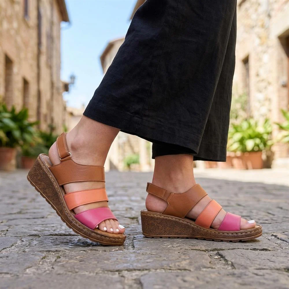 Cushioned Leather Wedge Heel Sandals - BOAY43000 / 329 206 - Tan Multi - Image 2