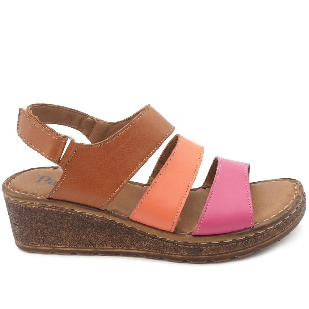 Cushioned Leather Wedge Heel Sandals - BOAY43000 / 329 206 - Tan Multi - Image 3