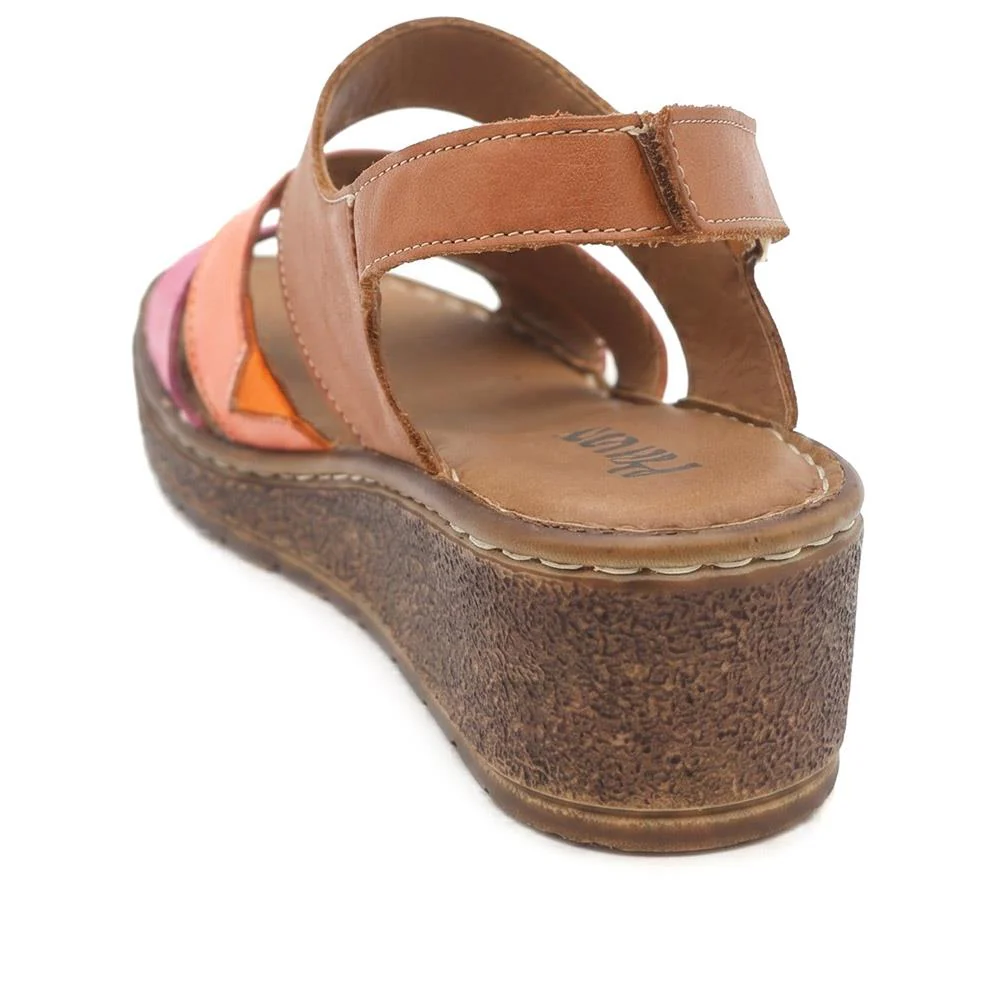 Cushioned Leather Wedge Heel Sandals - BOAY43000 / 329 206 - Tan Multi - Image 4