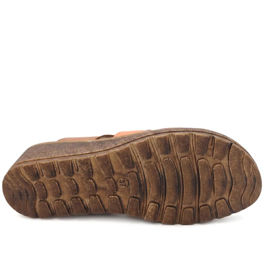 Cushioned Leather Wedge Heel Sandals - BOAY43000 / 329 206 - Tan Multi - Image 6