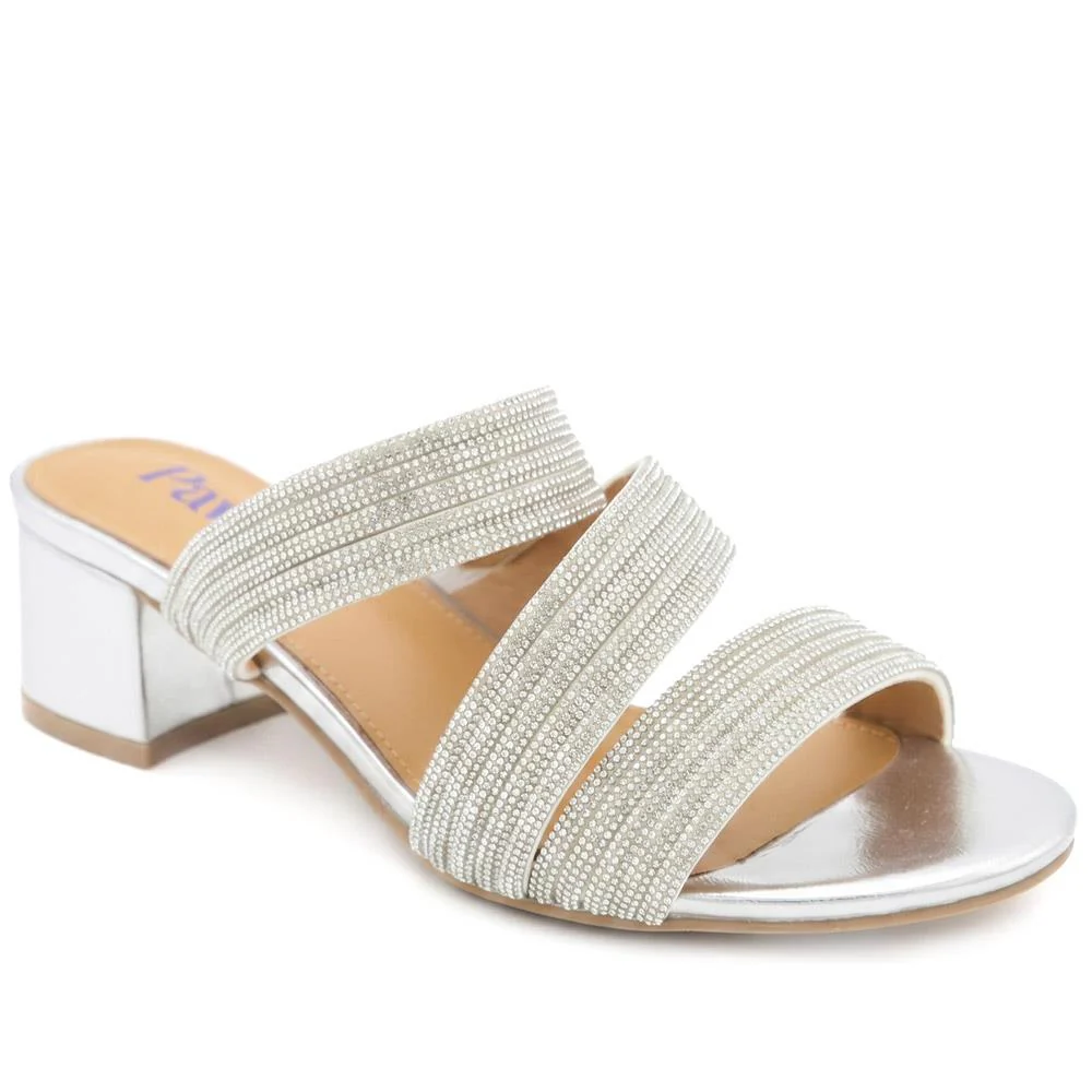 Diamante Block Heel Strappy Sandals - SANYI43000 / 329 142 - Silver