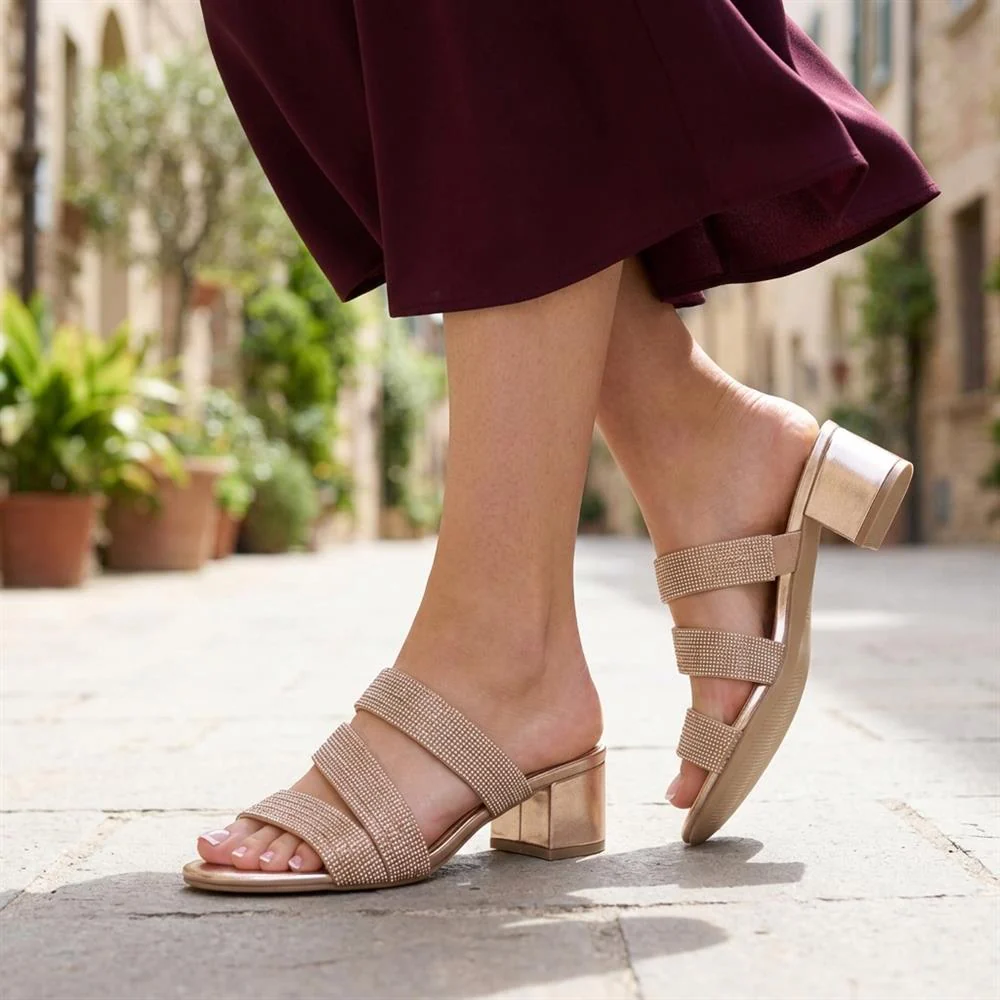 Diamante Block Heel Strappy Sandals - SANYI43000 / 329 142 - Rose Gold - Image 2