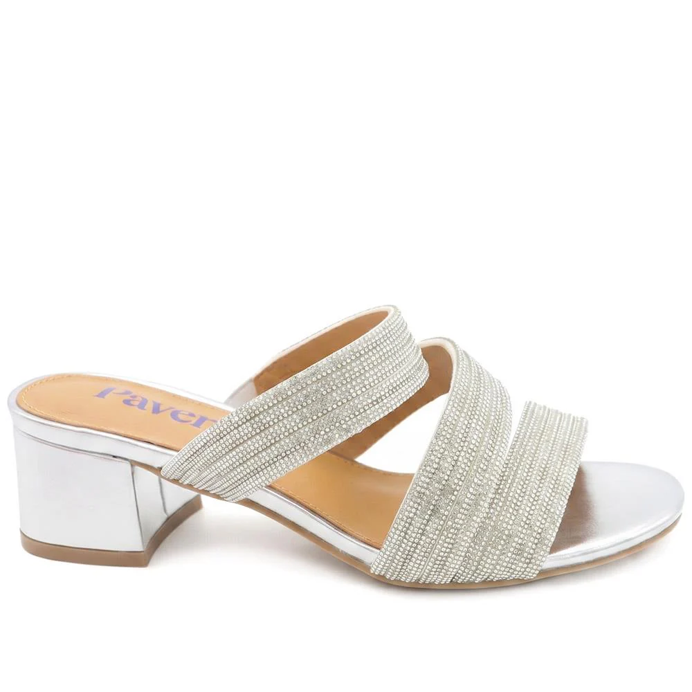 Diamante Block Heel Strappy Sandals - SANYI43000 / 329 142 - Silver - Image 3