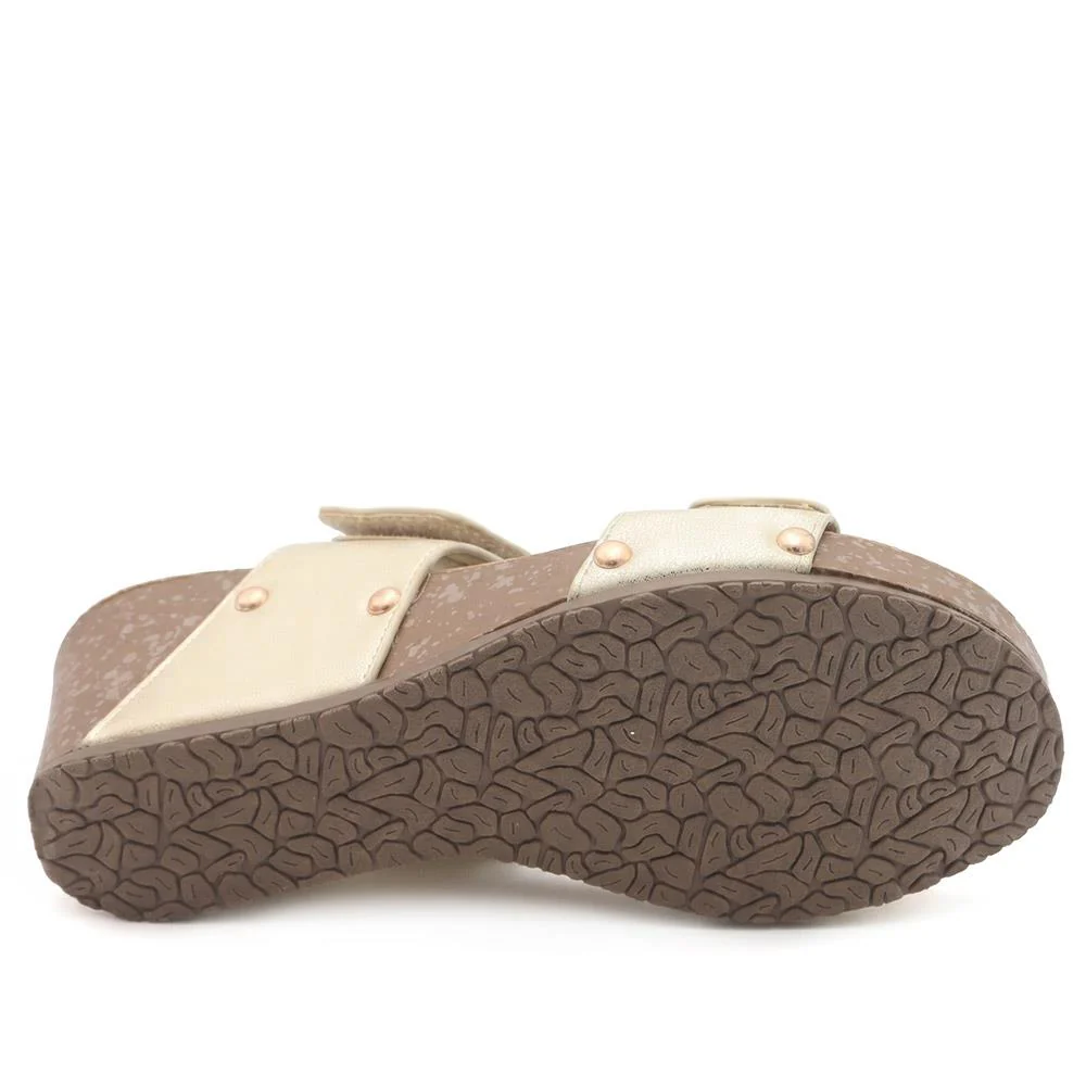Dual Adjustable Fasten Wedge Sandals - BAIZH43046 / 329 347 - Soft Gold - Image 5