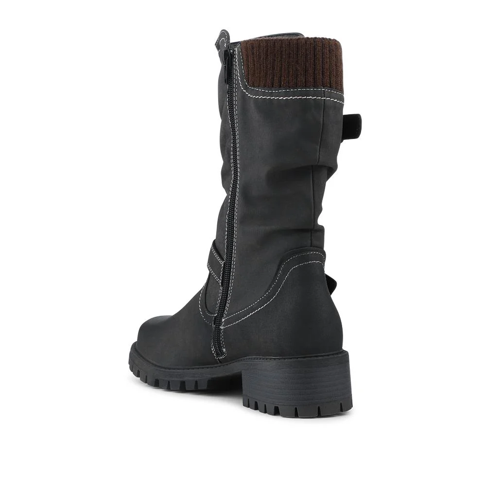 Dual Buckle Knitted Cuff Zipped Ankle Boots - TELOO42007 / 328 461 - Black - Image 3