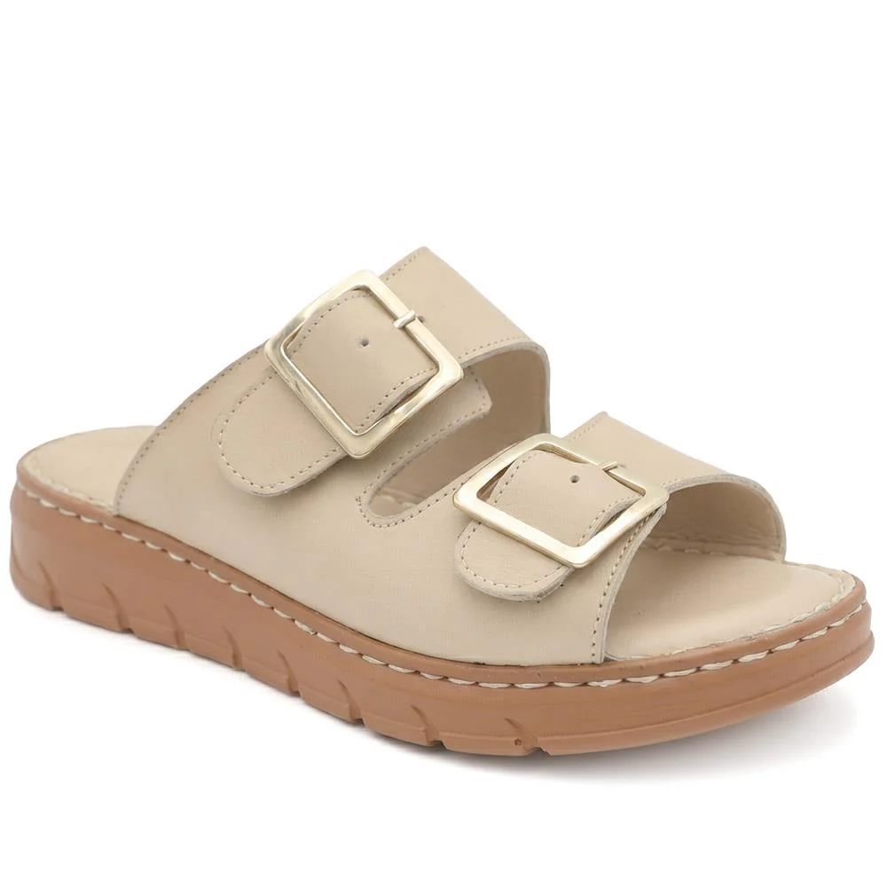 Dual Buckled Leather Chunky Mule Sandals - GOKH43001 / 329 421