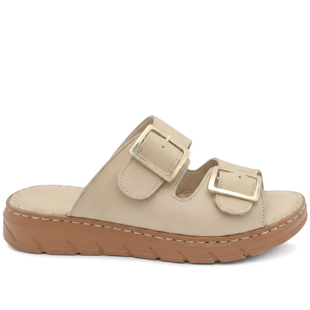Dual Buckled Leather Chunky Mule Sandals - GOKH43001 / 329 421 - Beige - Image 2