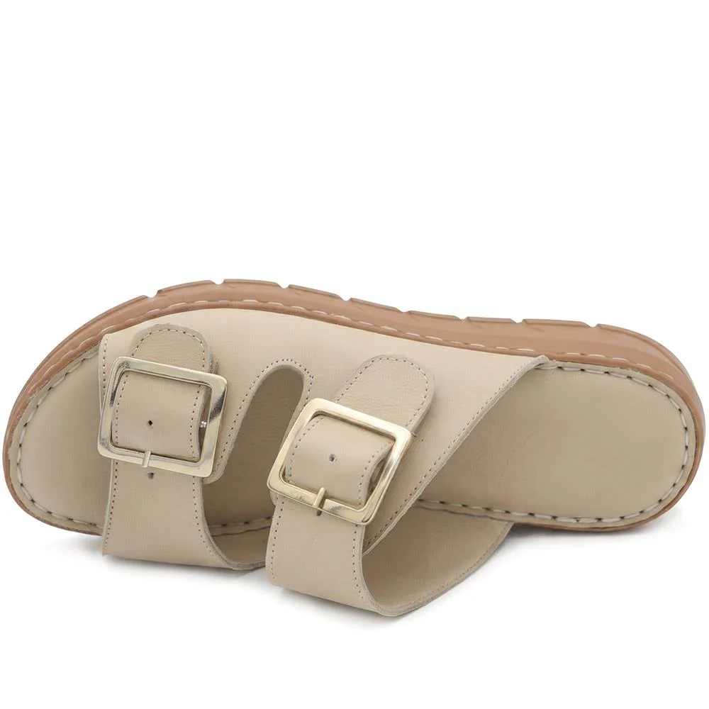Dual Buckled Leather Chunky Mule Sandals - GOKH43001 / 329 421 - Beige - Image 4