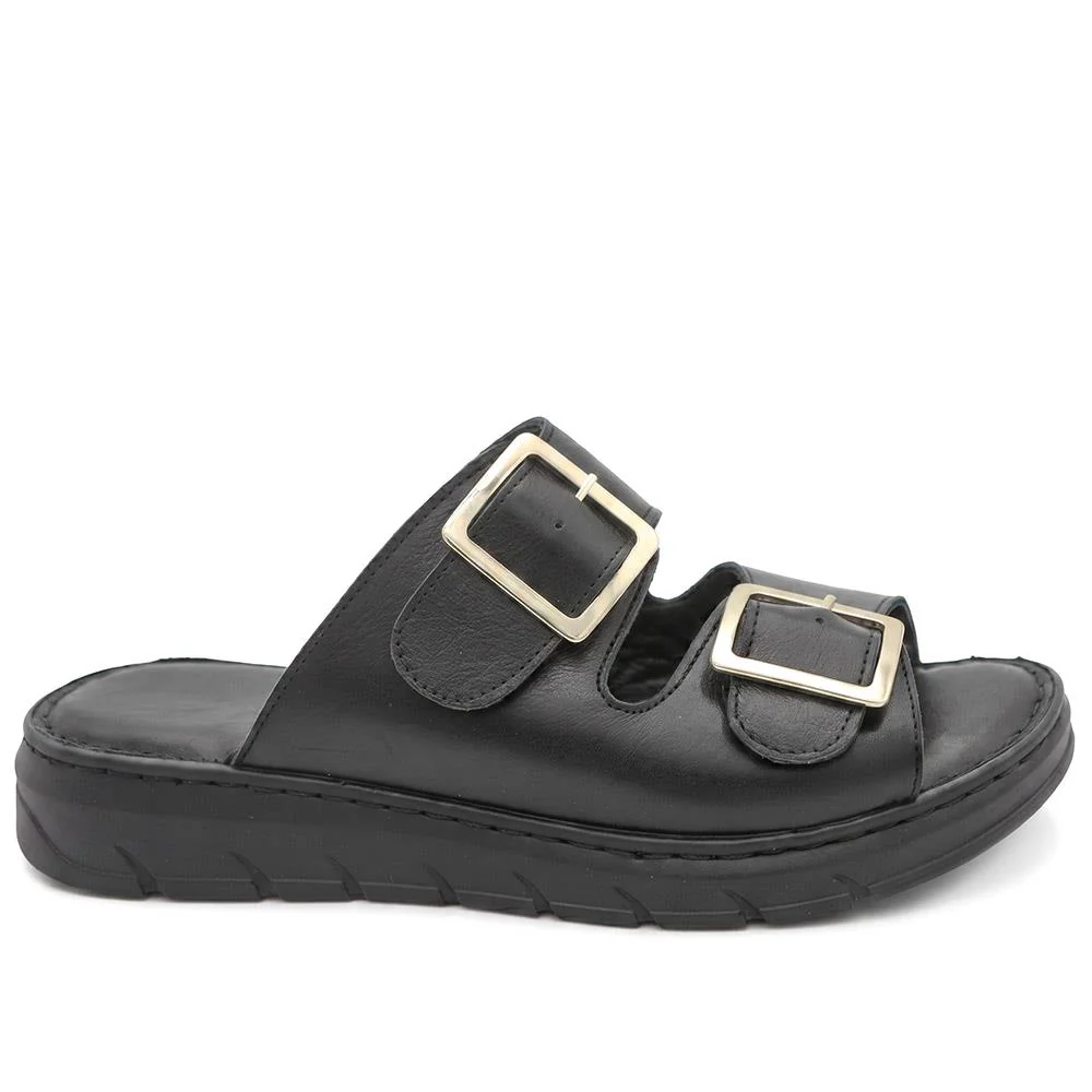 Dual Buckled Leather Chunky Mule Sandals - GOKH43001 / 329 421 - Black - Image 2