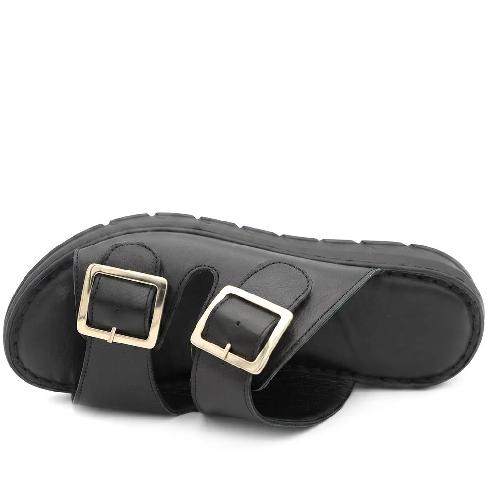 Dual Buckled Leather Chunky Mule Sandals - GOKH43001 / 329 421 - Black - Image 4