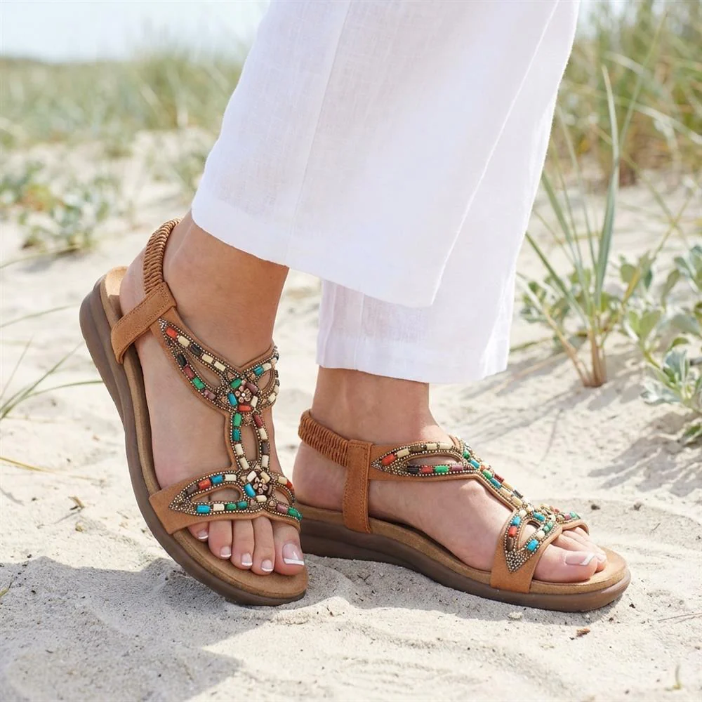 Elasticated Embellished Slingback Sandals - BAIZH43002 / 328 880 - Tan - Image 2