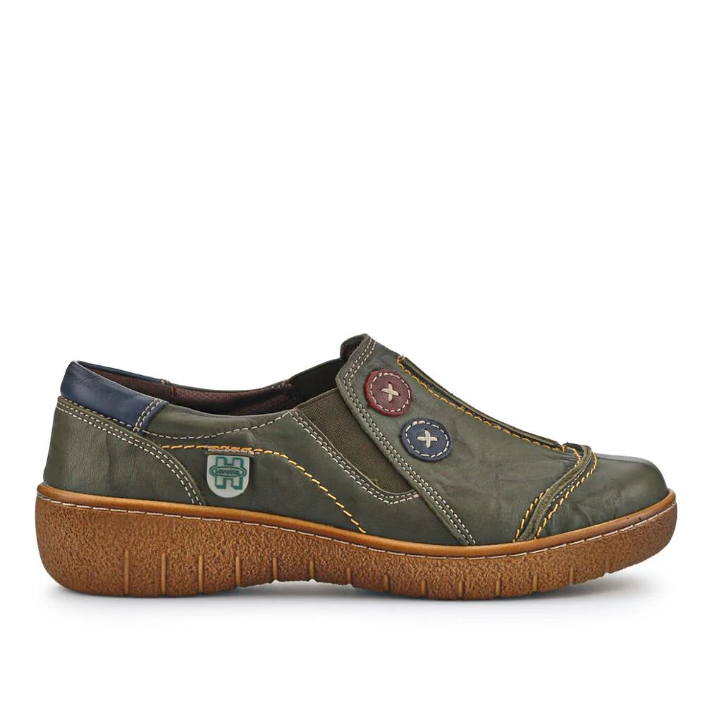 Elasticated Leather Slip-On Shoes - HAK41008 / 327 435 - Khaki - Image 2