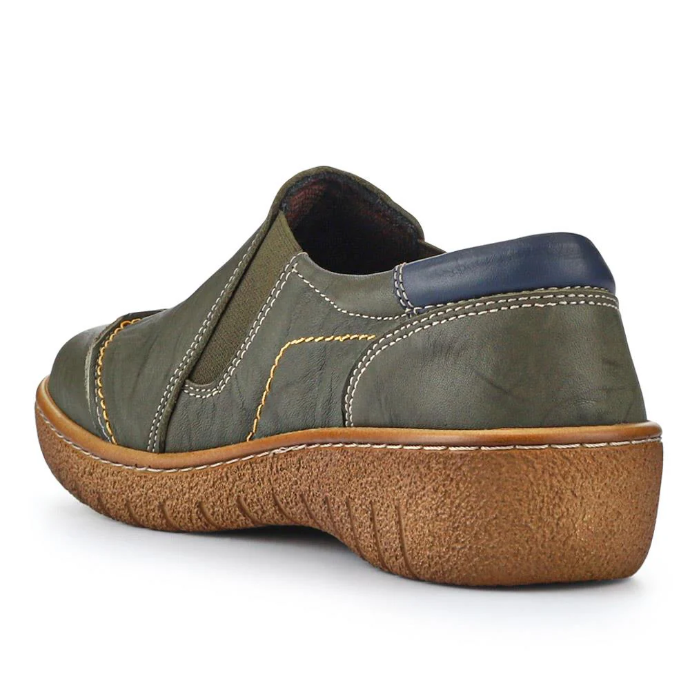 Elasticated Leather Slip-On Shoes - HAK41008 / 327 435 - Khaki - Image 3