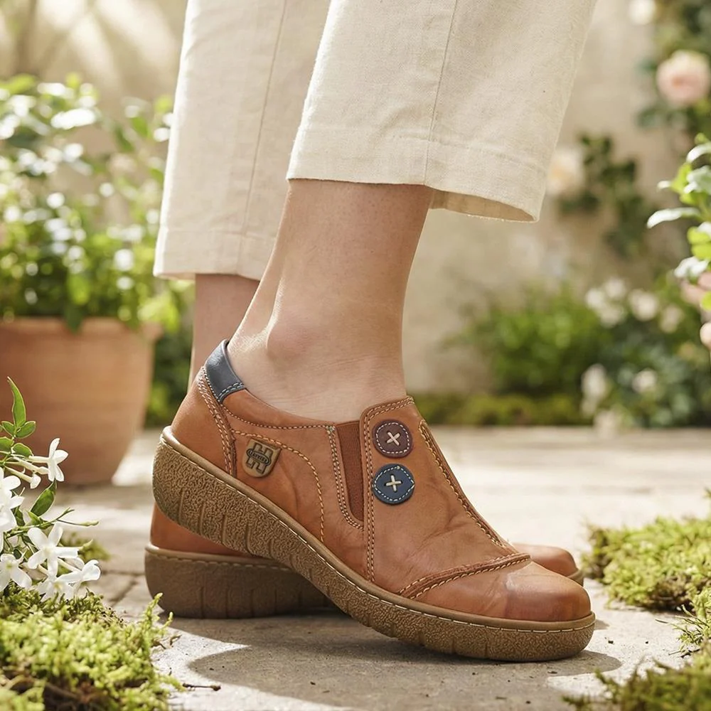 Elasticated Leather Slip-On Shoes - HAK41008 / 327 435 - Tan - Image 2