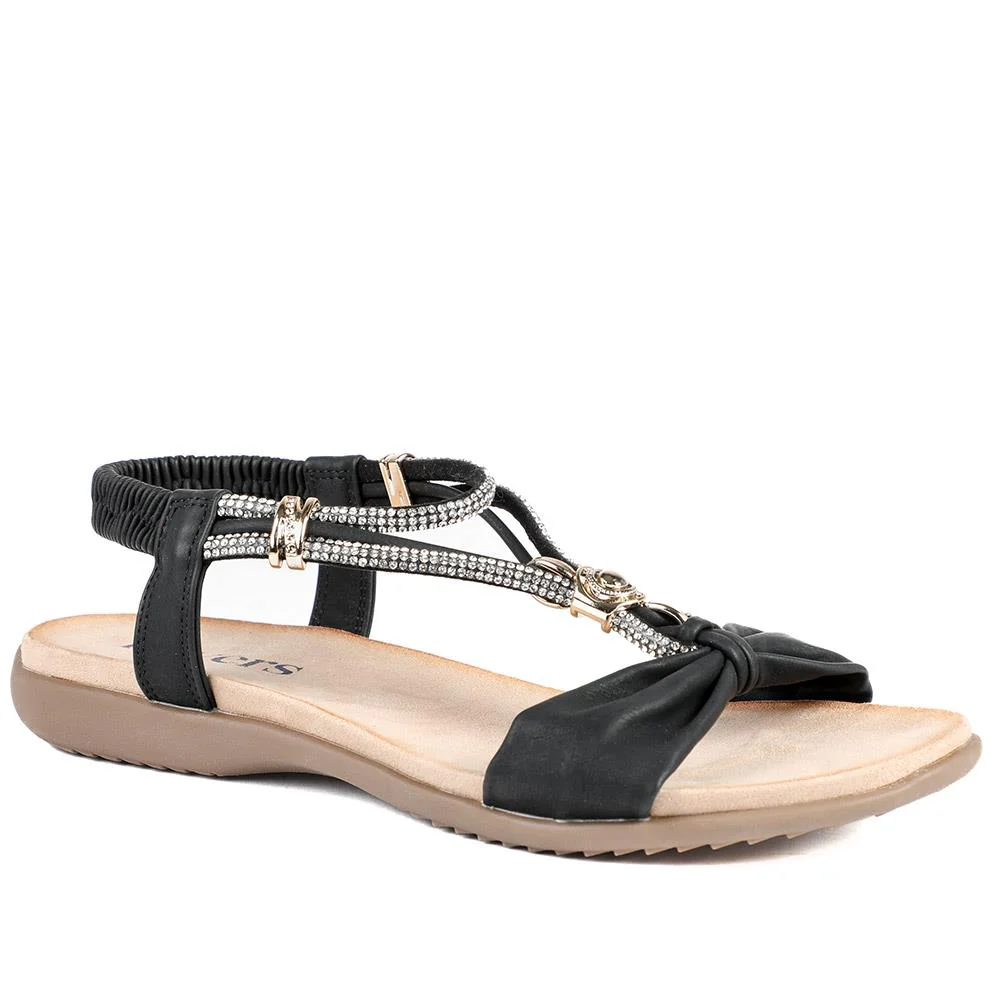 Embellished Knot Detail Elasticated Sandals - BAIZH43018 / 329 162 - Black