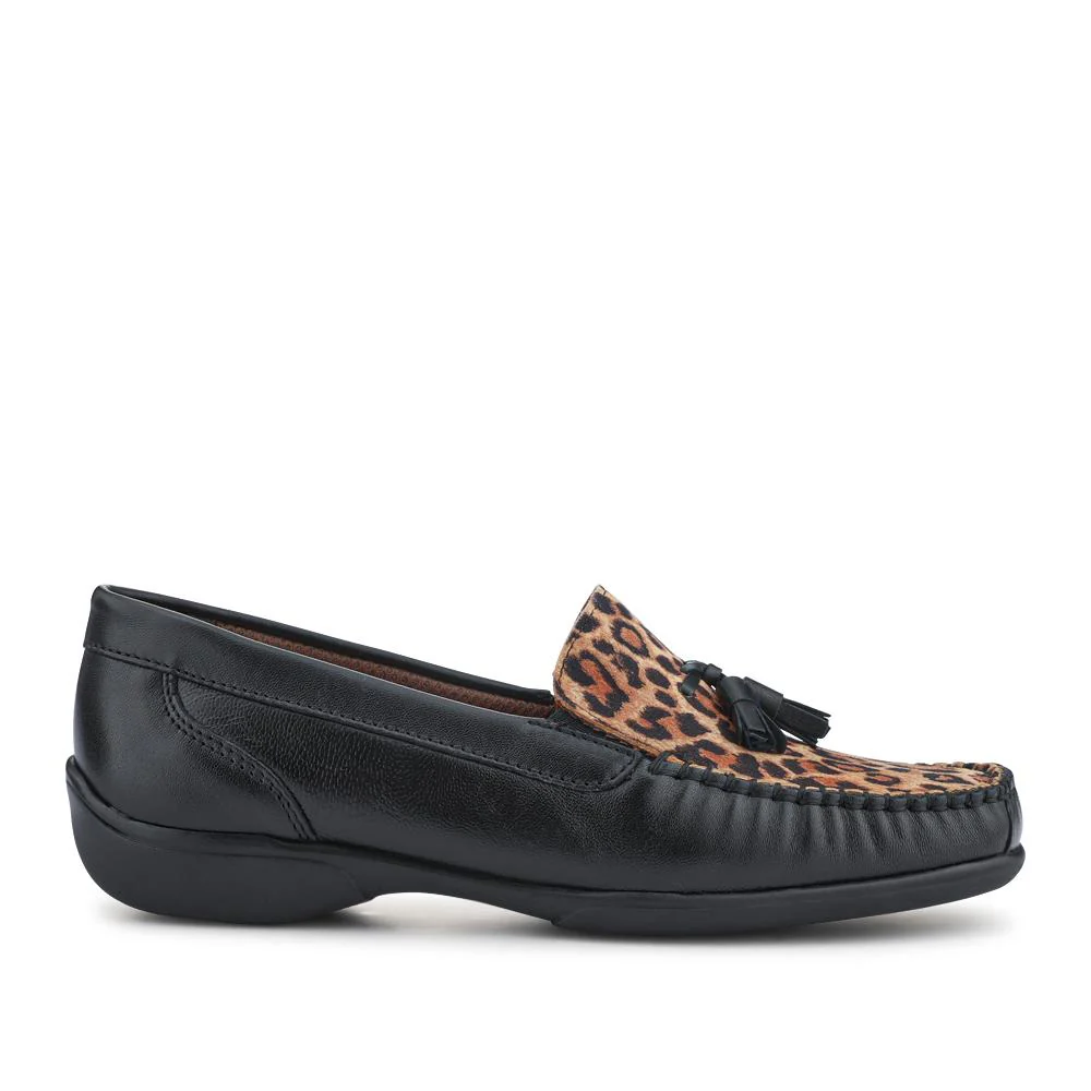 Embroided Panel Leather Loafers - CONT39001 / 325 241 - Black-Leopard - Image 2
