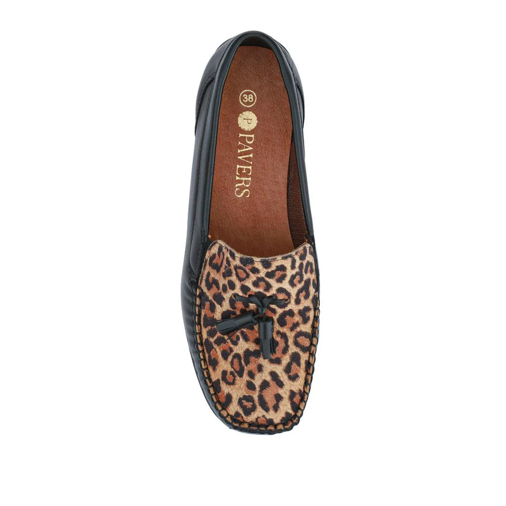 Embroided Panel Leather Loafers - CONT39001 / 325 241 - Black-Leopard - Image 6