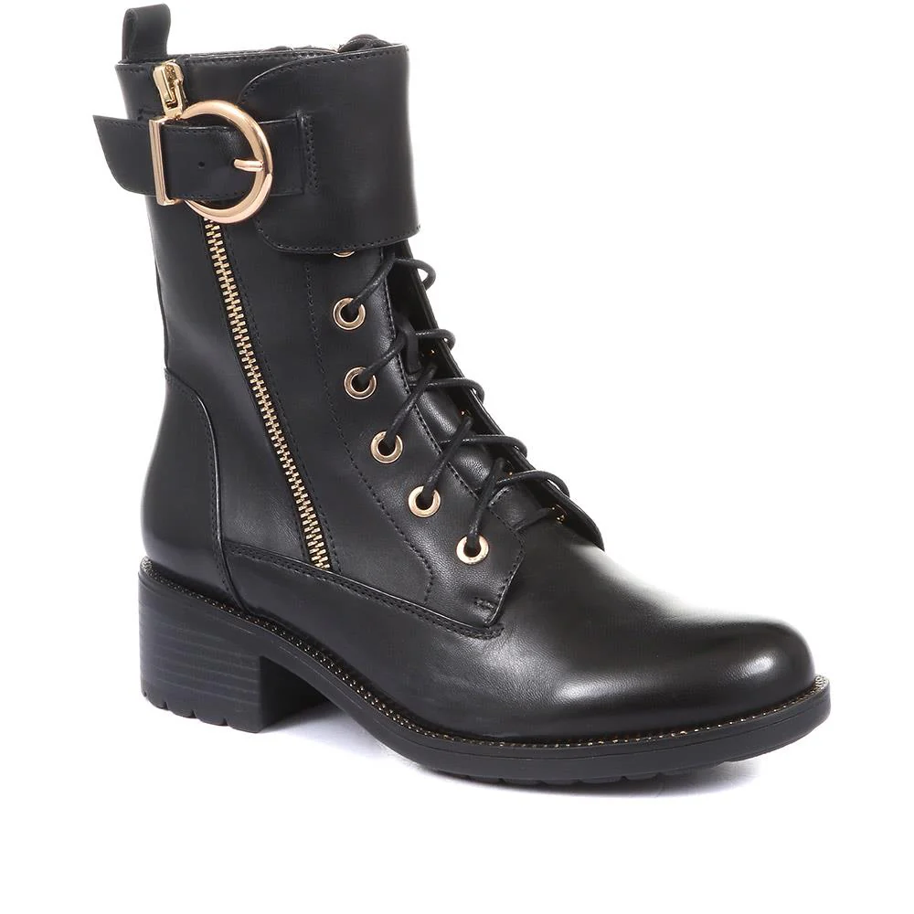 Emily-14 Leather Buckle Biker Boots - SINO34506 / 320 494 - Black