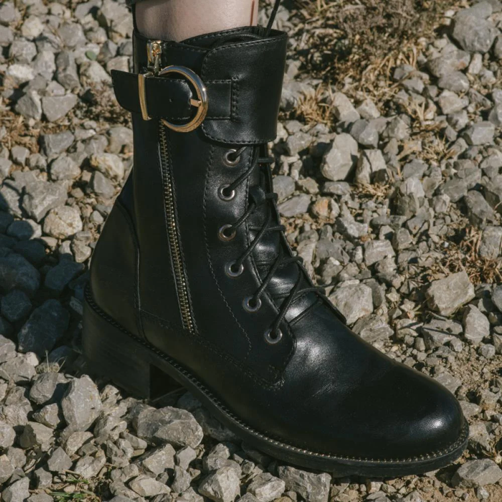 Emily-14 Leather Buckle Biker Boots - SINO34506 / 320 494 - Black - Image 5