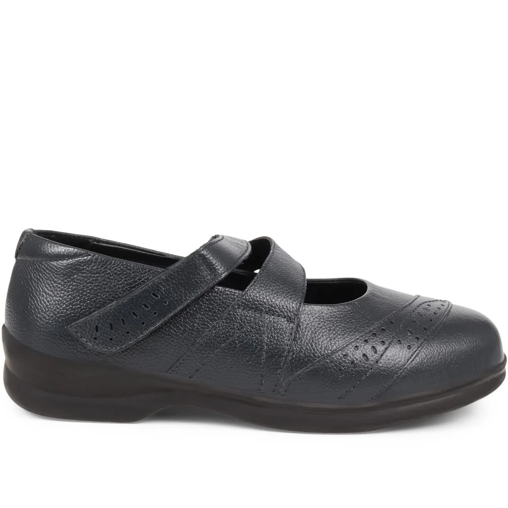 Extra Wide Fit Touch Fasten Leather Mary Janes - LIZBET / 323 992 - Navy - Image 2