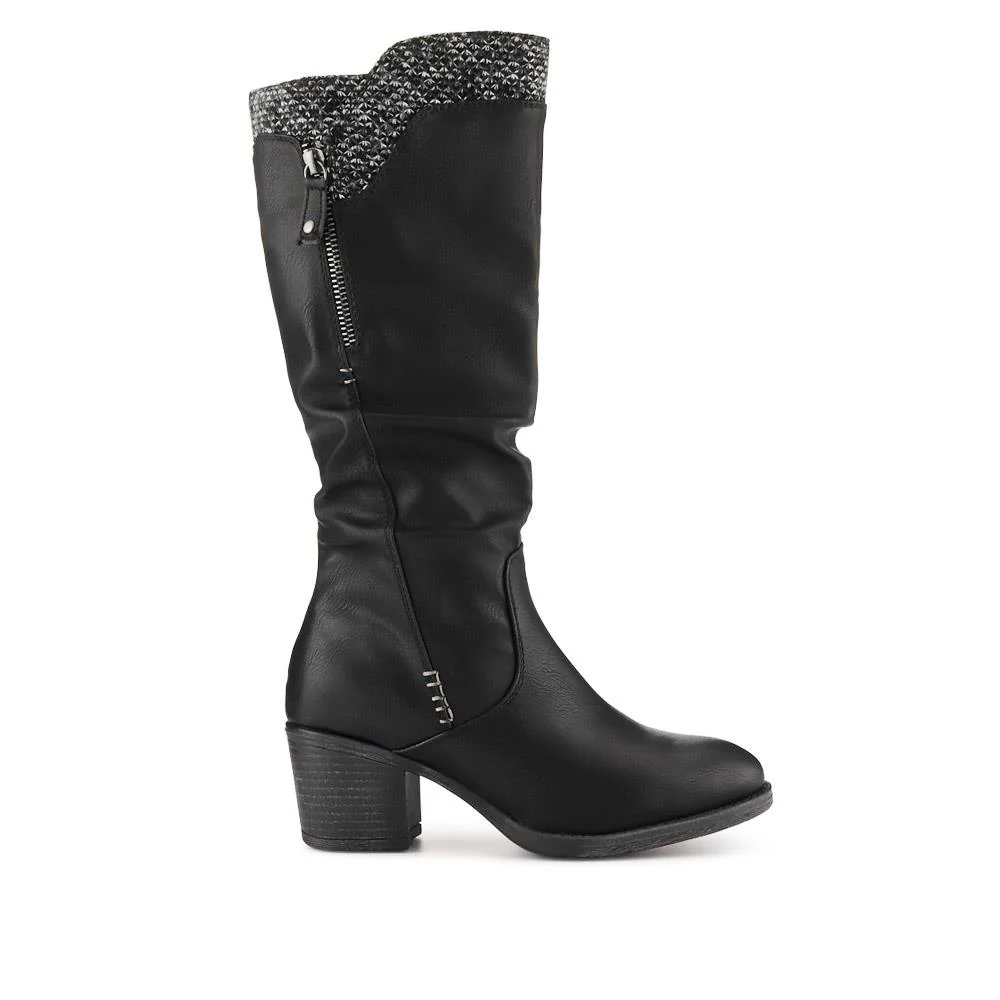 Fabric-Cuff Block-Heeled Long Boots - WOIL40025 / 326 605 - Black - Image 2